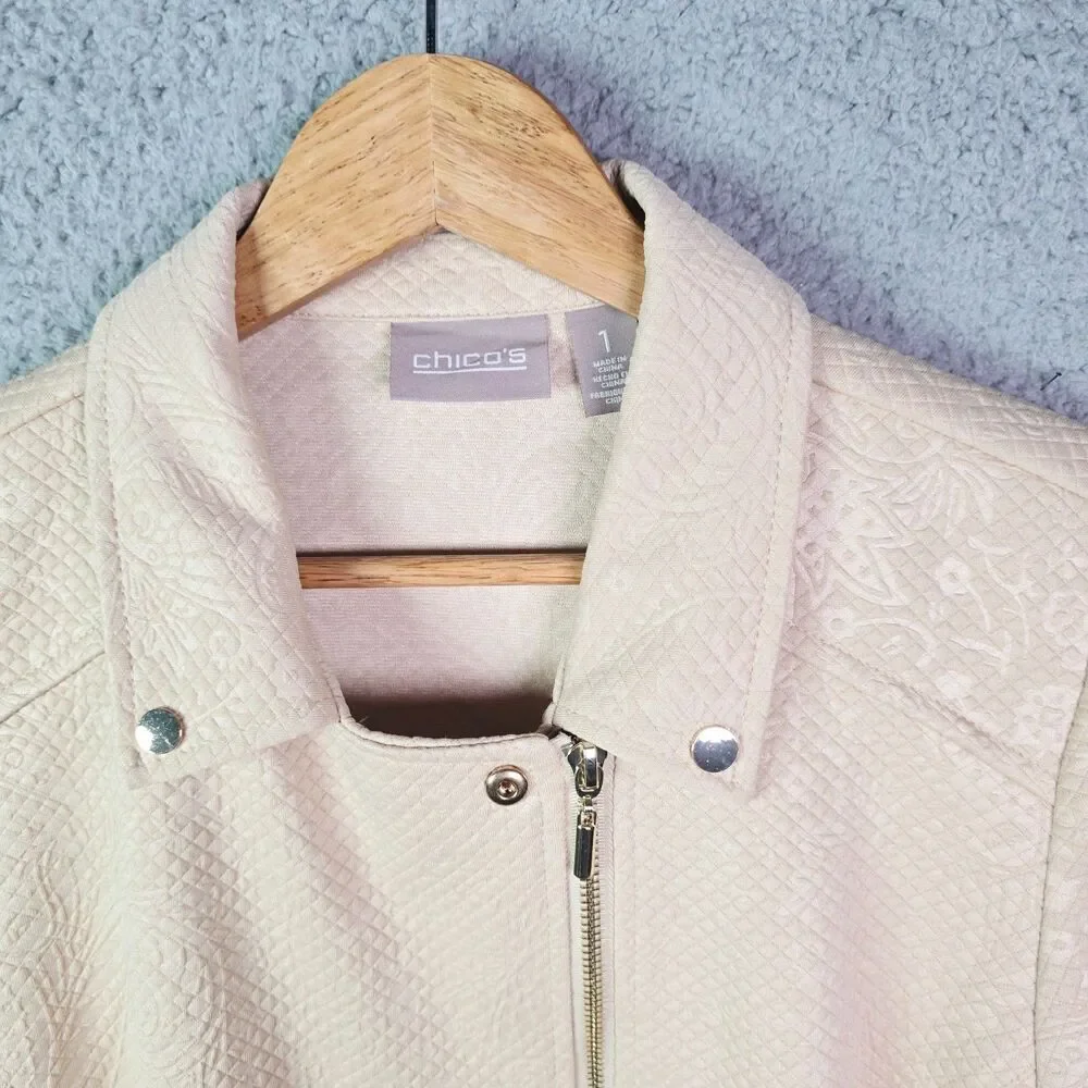 Chicos Moto Jacket Cream 1 Textured Asym Zip 34 Sleeve Minimalist